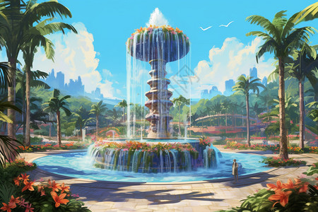 热带美丽的喷泉和植物图片