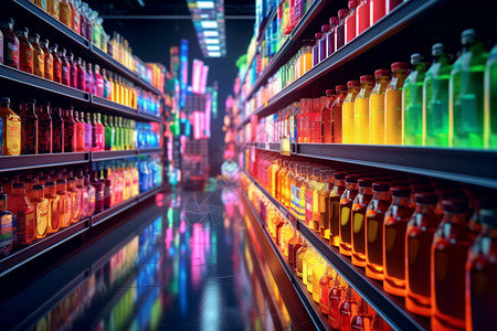 百货商超货架上各种各样的饮料设计图片