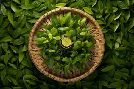 竹篮中的绿茶图片