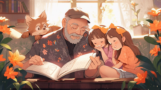 爷爷带着孙女们快乐的看书图片