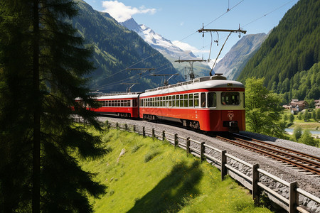 瑞士山林中的红色列车图片