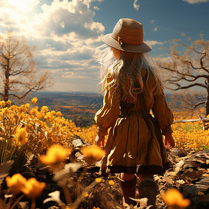 小女孩在秋天的田野图片