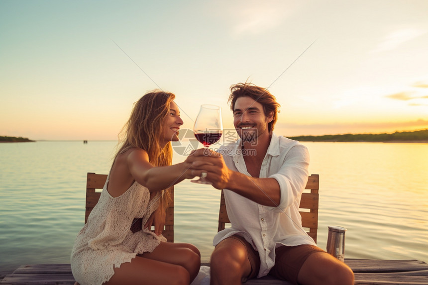 海滩上喝酒的夫妻图片
