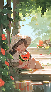 葡萄架下吃西瓜的小女孩图片