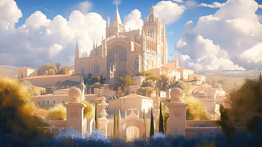游戏风格的天空城堡插图图片