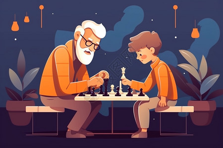 教孙子下棋的爷爷插画背景图片