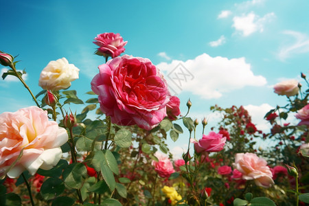 蓝天下的玫瑰花图片