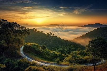 森林道路美丽的云层日出背景