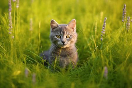 户外公园草地上的小猫图片