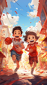秋天穿运动服男孩和女孩奔跑着打篮球图片