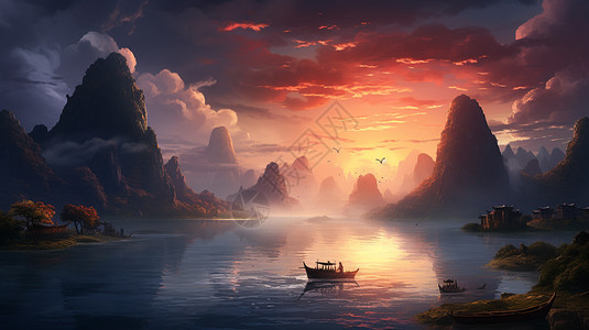 桂林漓江黄昏下的秀丽风光图片