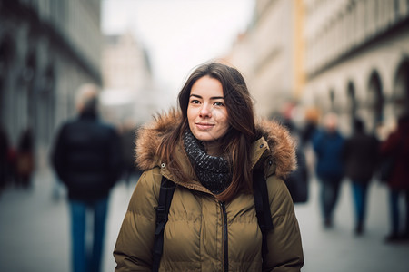 冬季城市街道上的女子背景图片