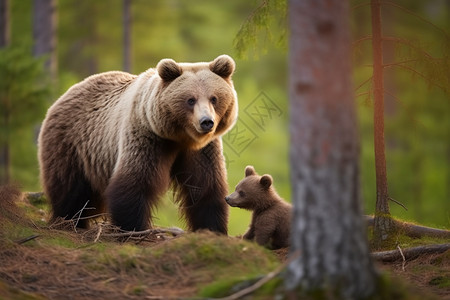 森林中的亲子棕熊图片