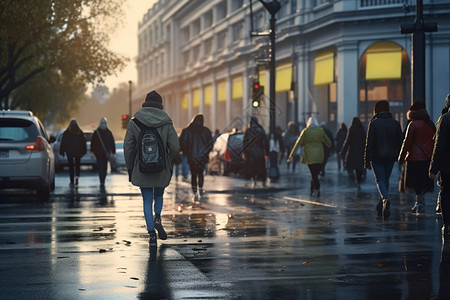 雨后的街道上的行人高清图片