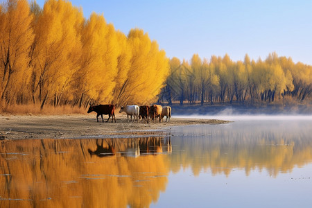 秋天的桦树林湿地公园桦树林的美丽景观背景