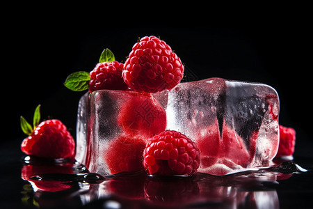 新鲜树莓冷冻冰块图片