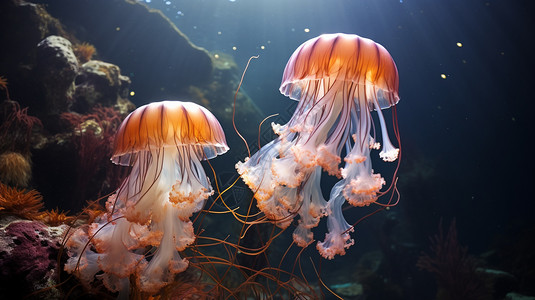 可爱海洋生物两只快乐的水母背景