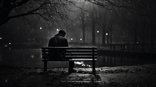雨中长椅上孤独的男人图片