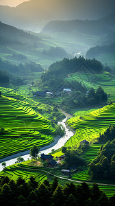 景观道路夏季的乡村梯田景观背景