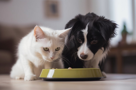 猫黑白从碗里吃东西的宠物背景