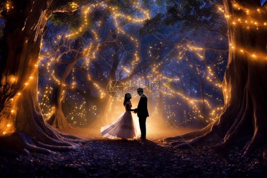 童话森林中跳舞的情侣图片