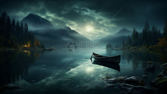 一艘孤独漂在河上的船图片