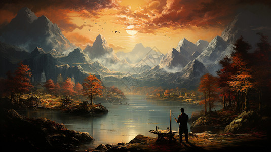 日落时分的山水画图片