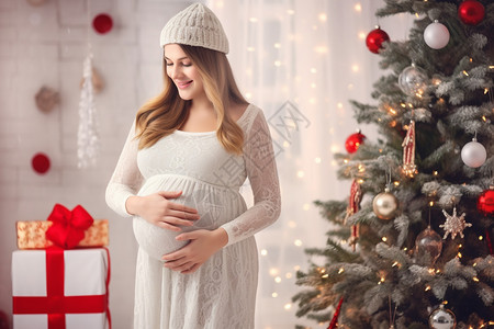女士帽子庆祝圣诞节的孕妇背景