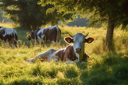 牧场草地上休息的牛自然高清图片素材