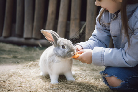 小女孩给兔子喂食图片