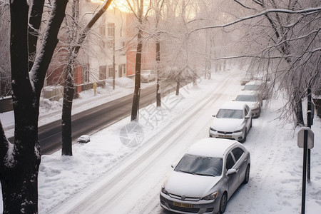 降雪后路上的汽车图片