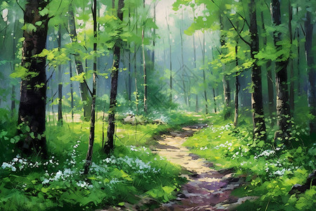 夏天森林的油画插图背景图片