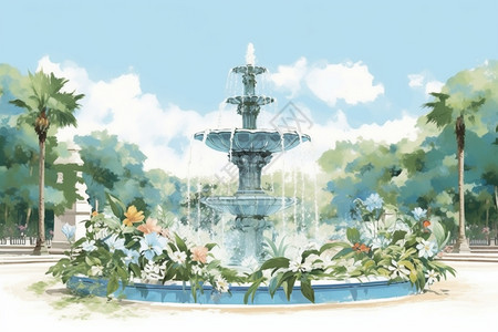 梦幻般园林喷泉建筑插图图片