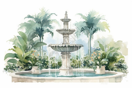 夏季园林中的喷泉建筑背景图片