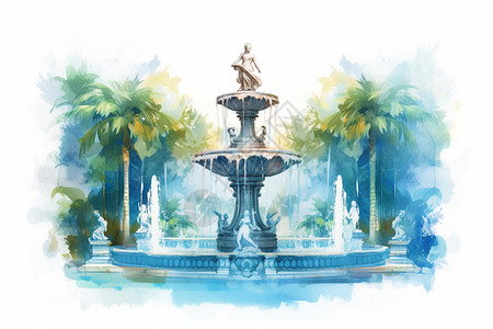 手绘喷泉创意插图背景图片