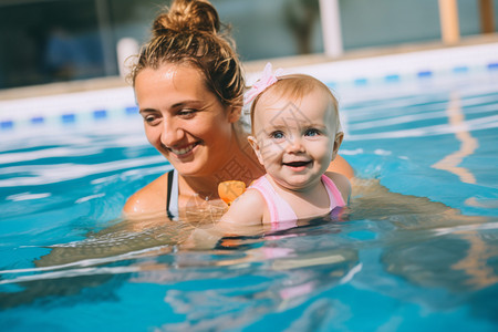 泳池中开心的母女背景图片