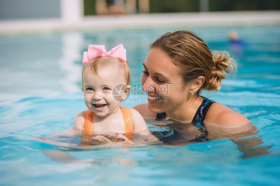 泳池中游泳的母女图片