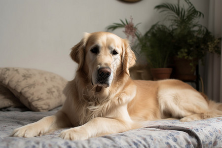 床上的金毛犬图片