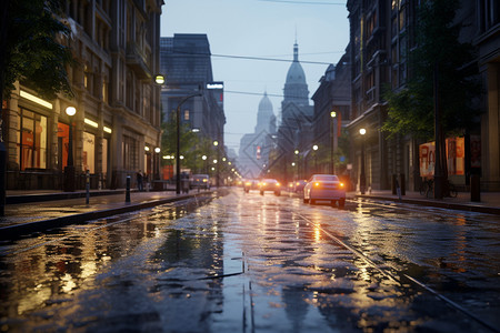 夜晚湿滑的城市街道图片