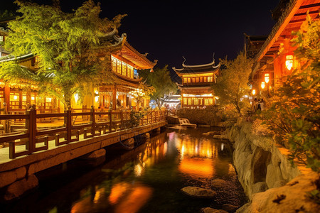 中国传统建筑的夜晚景色图片