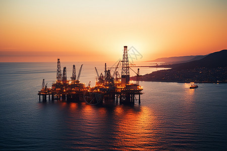 黄昏下的海上石油基地图片