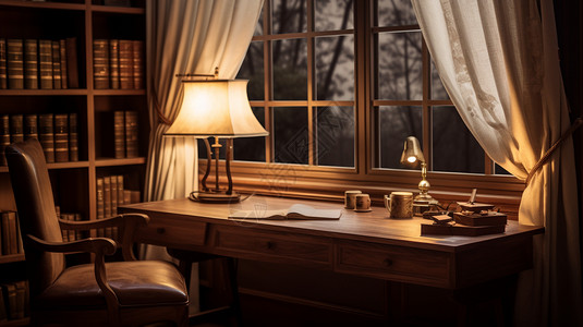 书房里的实木书桌图片