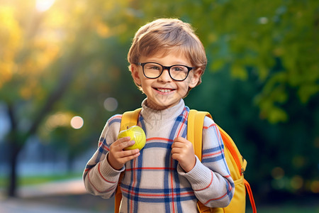 手拿着苹果的眼镜小男孩图片