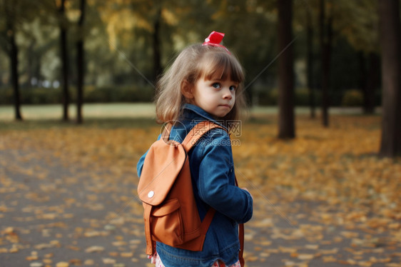 在秋天的树林里回头的女孩图片