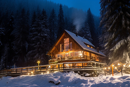 圣诞滑雪圣诞夜的小屋背景