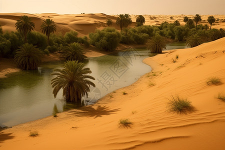 夏天沙丘沙漠绿洲湖泊图片