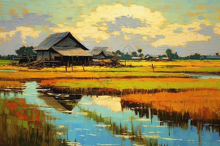 油画稻米农场图片