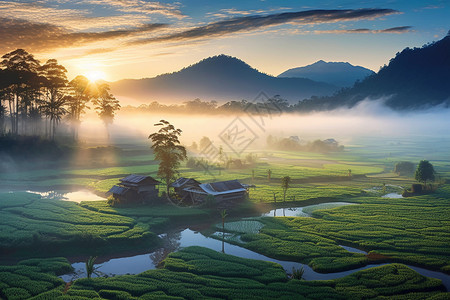 风景和稻田风光图片