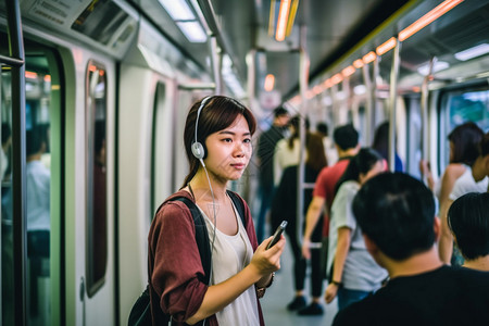 城市地铁中听歌的女生图片