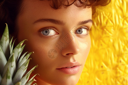 脸颊紧贴菠萝叶子的女子图片